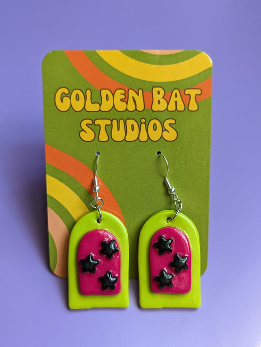 Starry Portals Pink on Green Polymer Earrings - Made to Order