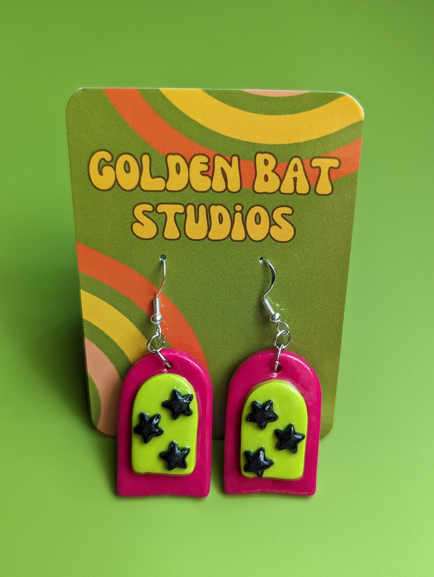 Starry Portals Green on Pink Polymer Earrings - Made to Order